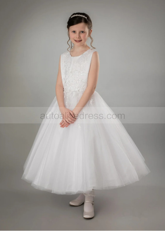 Beaded Ivory Lace Tulle Tea Length Sparkly Flower Girl Dress